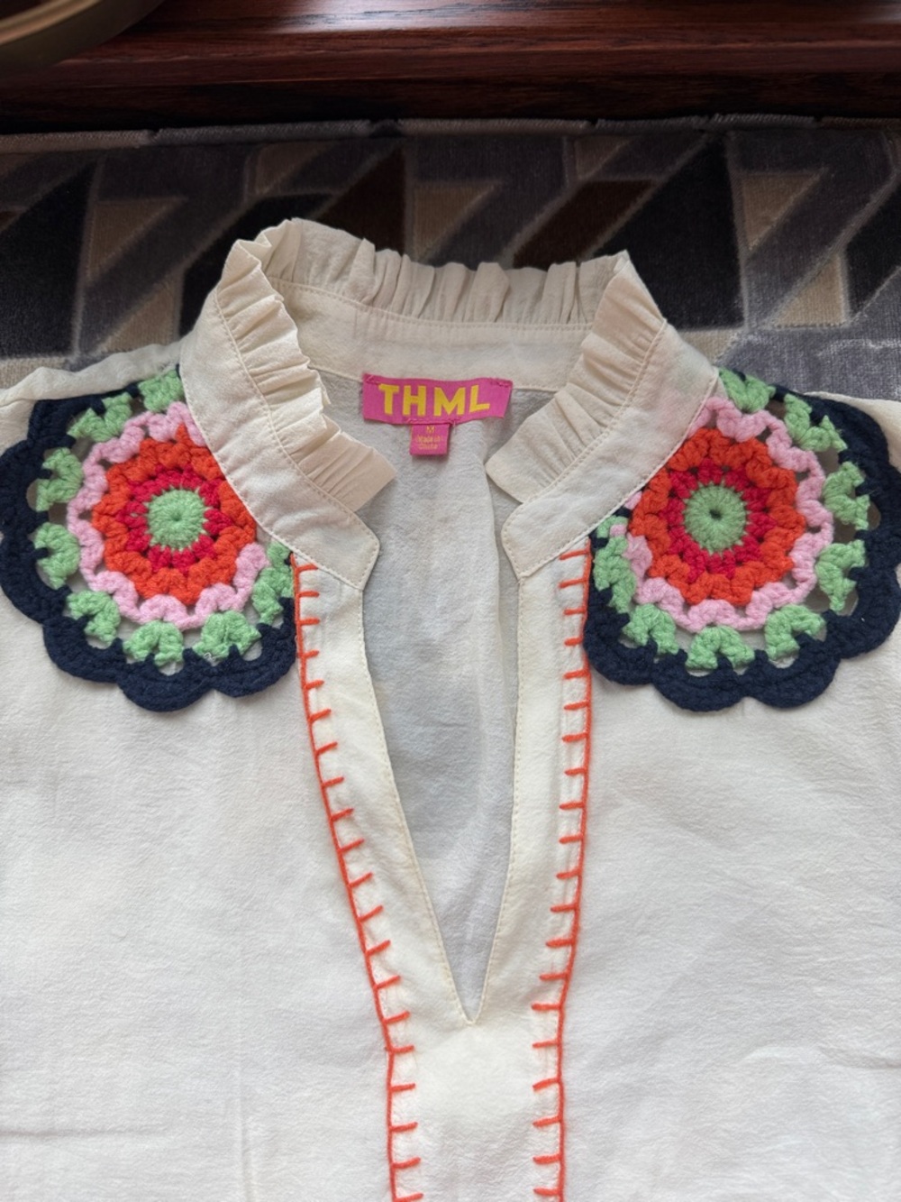 THML Cream Blouse with Multicolor Crochet Shoulders